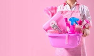 Spring cleaner with pink cleaning equipment