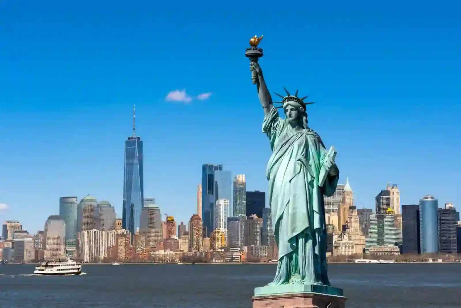 The Statue of Liberty over the Scene of New york cityscape river New York Household staffing